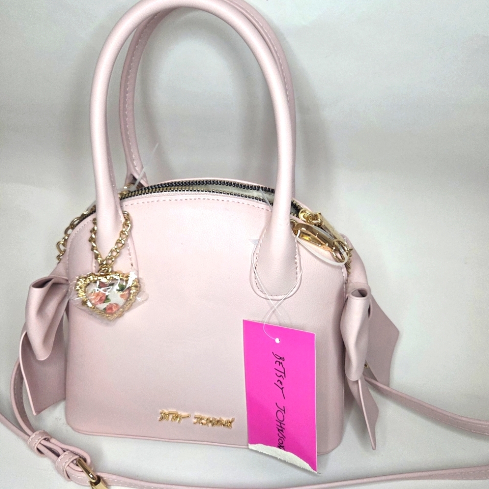 BETSEY JOHNSON Dome Satchel Coquette Bow Crossbody Bag Purse Pink Heart Charm
